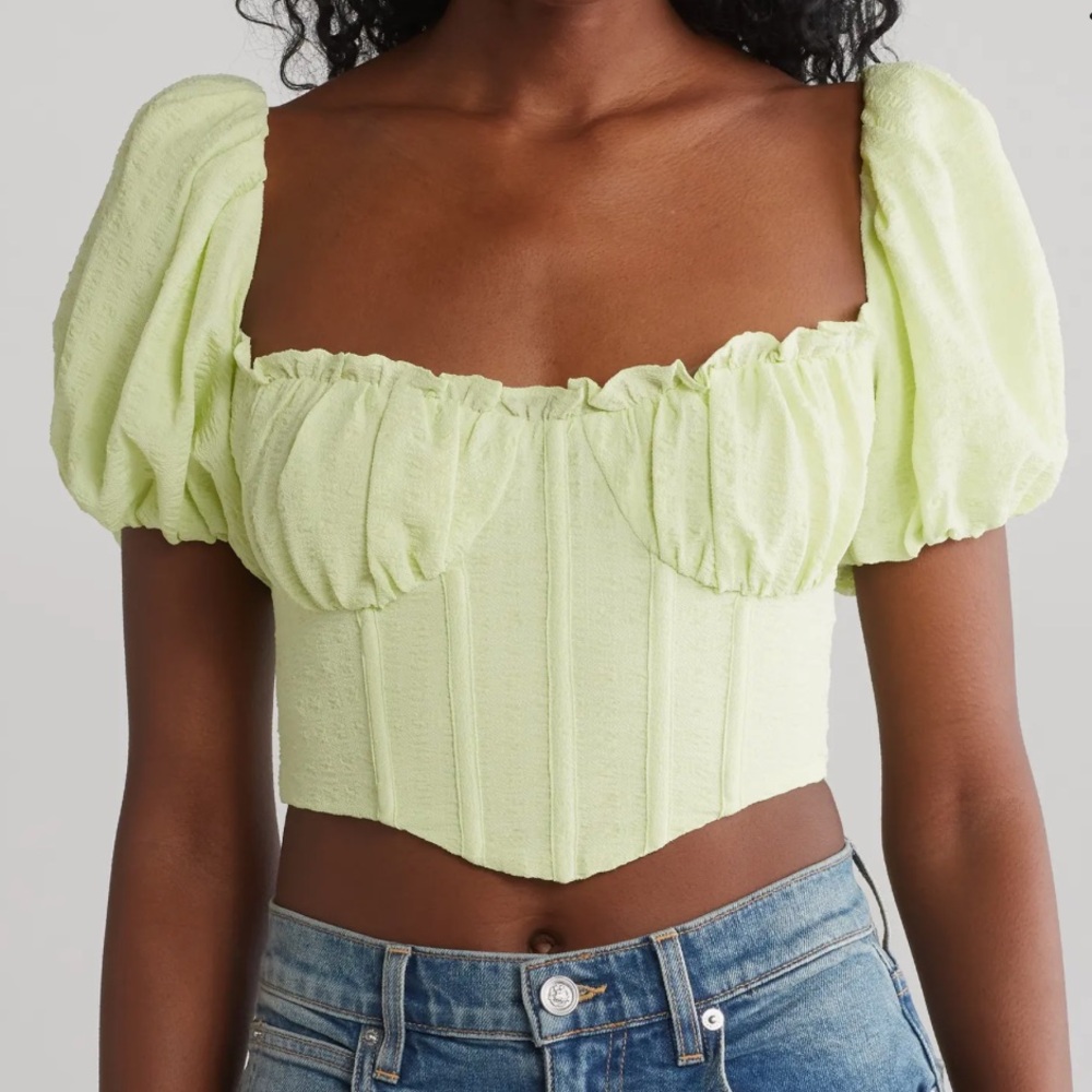 Astr Light Green Puff Sleeve Cropped Corset Top